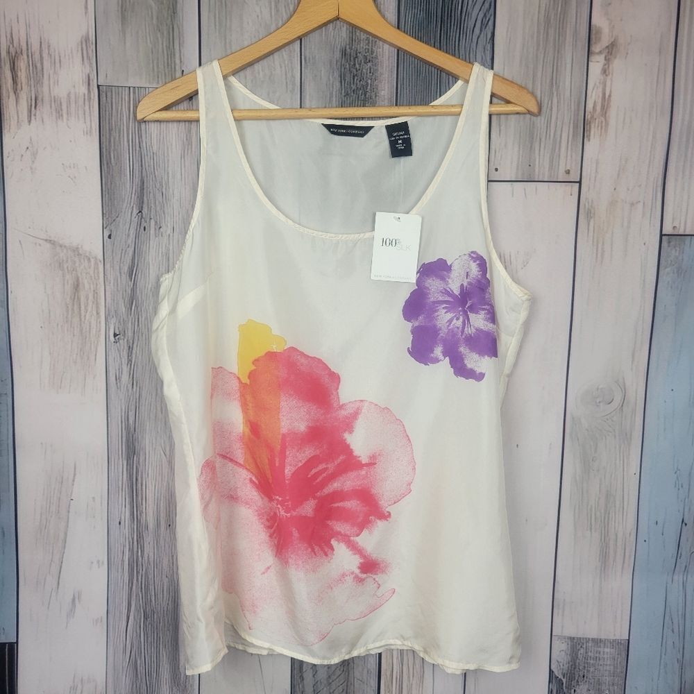 NY & Company White Floral Silk Tank Top Size Medium